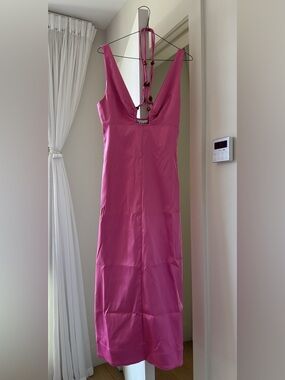 Ganni Fuchsia Halter V-Neck Midi Dress